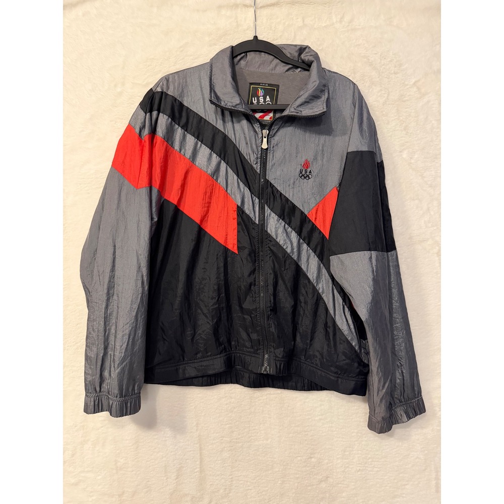 Vintage USA Olympic JCPenney Windbreaker Jacket Mens Medium Grey Red Colorblock